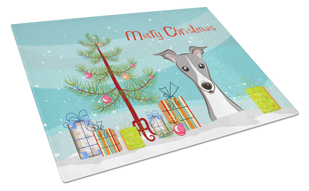 Christmas Tree and Italian Greyhound Cutting Board Tempered Glass Kitchen Cutting Surface, Heat Resistant Chopping, Non-Slip Feet, Food Prep & Serving
