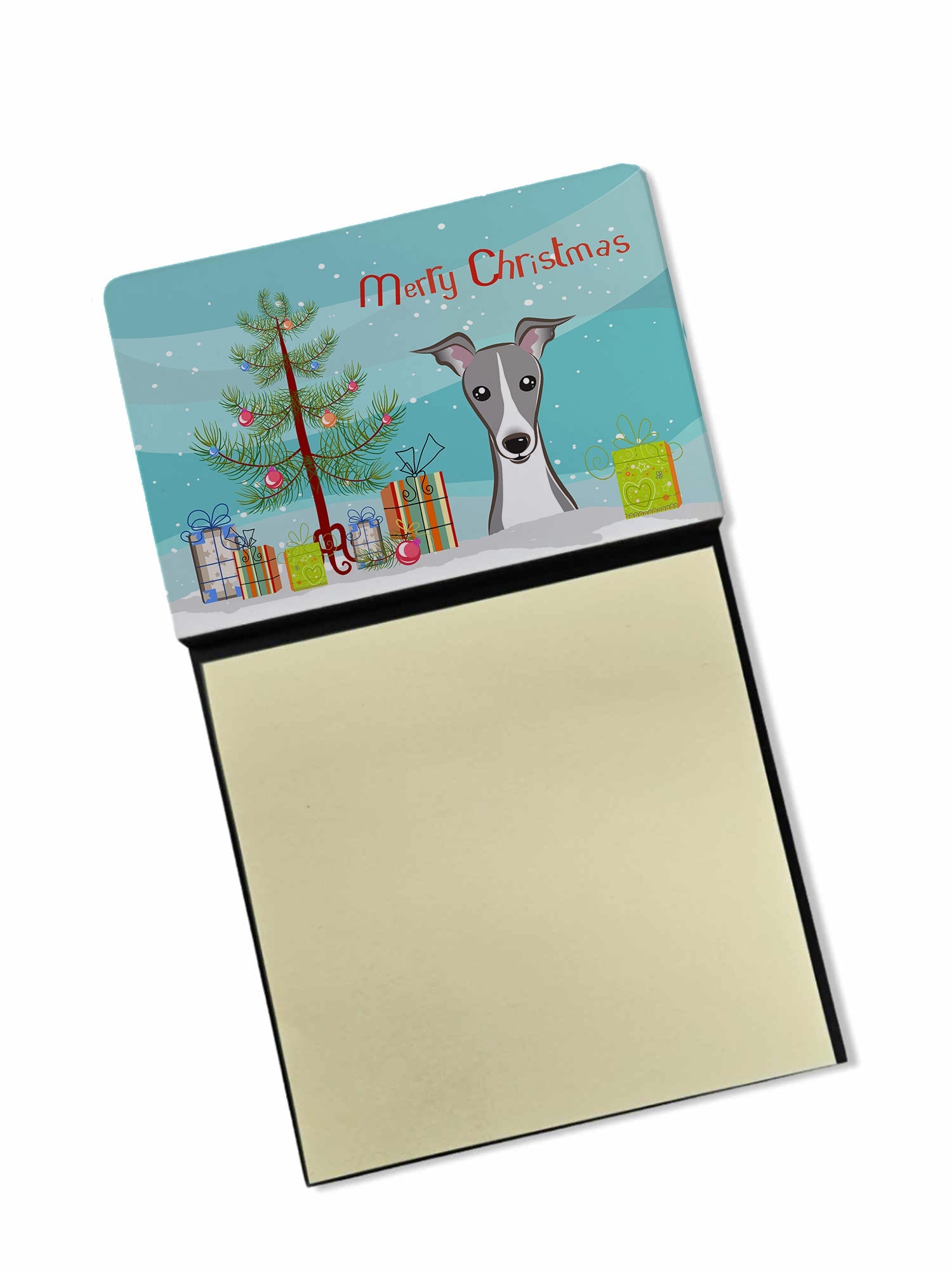 Christmas Tree and Italian Greyhound Watercolor Sticky Note Holder Refillable Dispenser Desk Accessory 3x3 Pad Gift