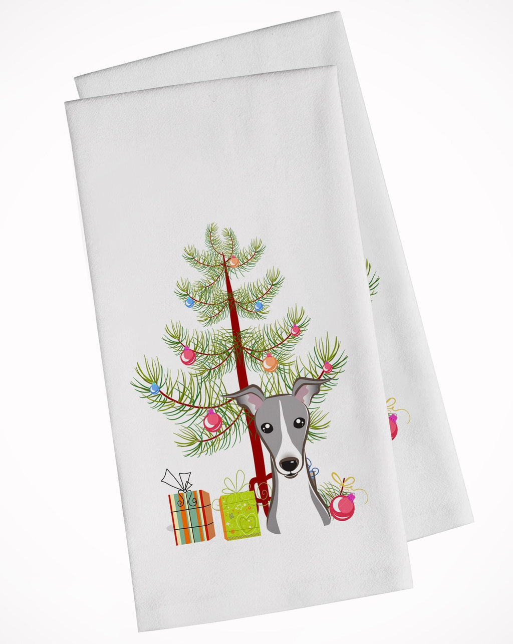 Christmas Tree and Italian Greyhound Kitchen Towel Set of 2 White Dish Towels Decorative Bathroom Hand towel for Hand, Face, Hair, Yoga, Tea, Dishcloth, 19 X 28", White