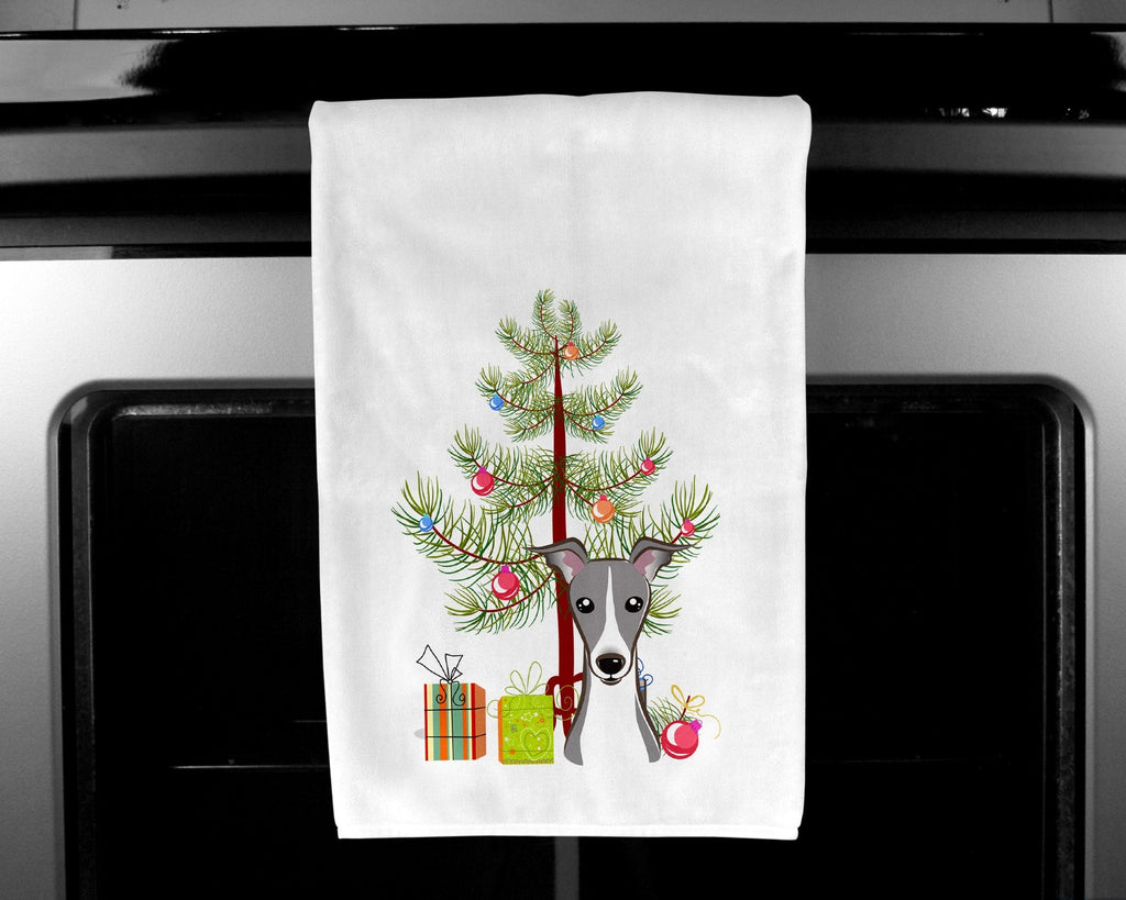 Christmas Tree and Italian Greyhound Kitchen Towel Set of 2 White Dish Towels Decorative Bathroom Hand towel for Hand, Face, Hair, Yoga, Tea, Dishcloth, 19 X 28", White