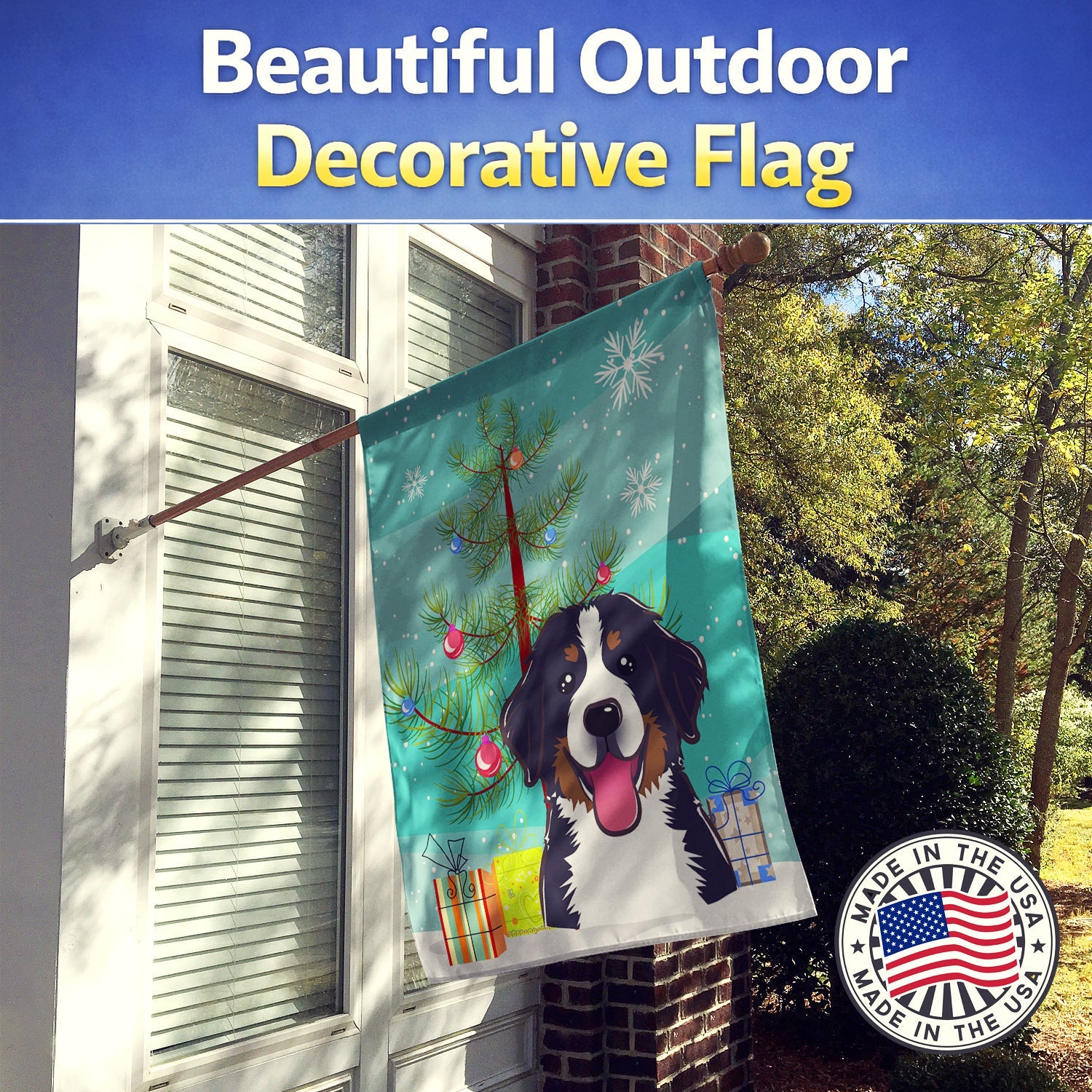Christmas Tree and Bernese Mountain Dog House Flag 28x40 Porch Sleeve Pole Decorative Outside Yard Banner Artwork Wall Hanging, Polyester