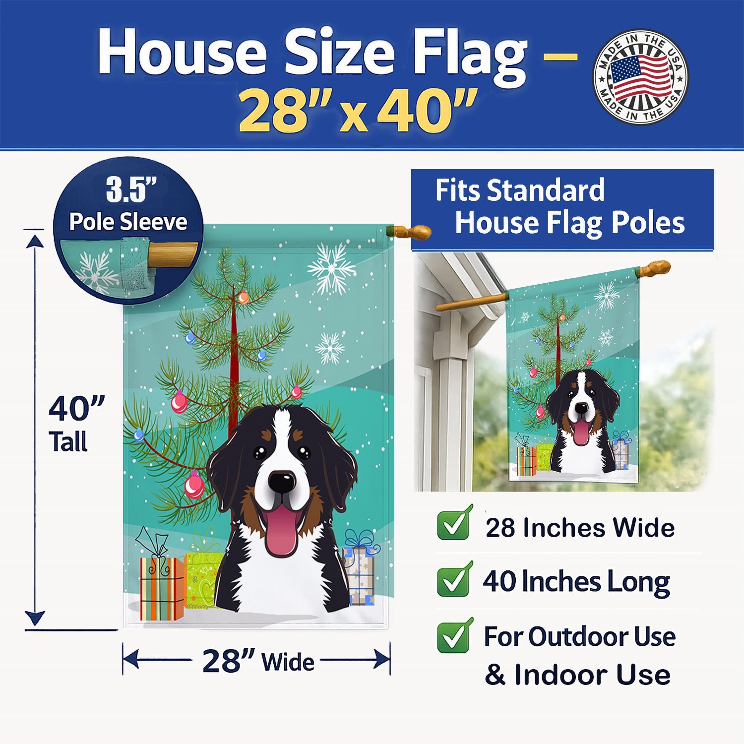 Christmas Tree and Bernese Mountain Dog House Flag 28x40 Porch Sleeve Pole Decorative Outside Yard Banner Artwork Wall Hanging, Polyester