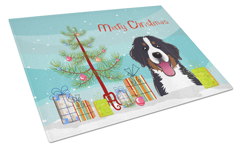 Christmas Tree and Bernese Mountain Dog Cutting Board Tempered Glass Kitchen Cutting Surface, Heat Resistant Chopping, Non-Slip Feet, Food Prep & Serving