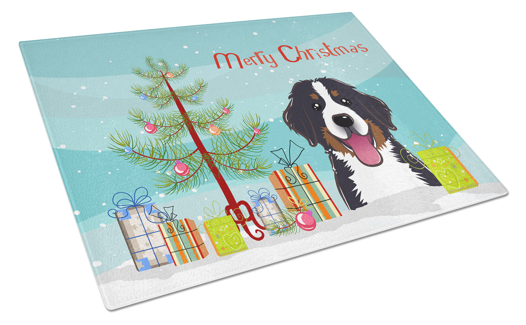 Christmas Tree and Bernese Mountain Dog Cutting Board Tempered Glass Kitchen Cutting Surface, Heat Resistant Chopping, Non-Slip Feet, Food Prep & Serving