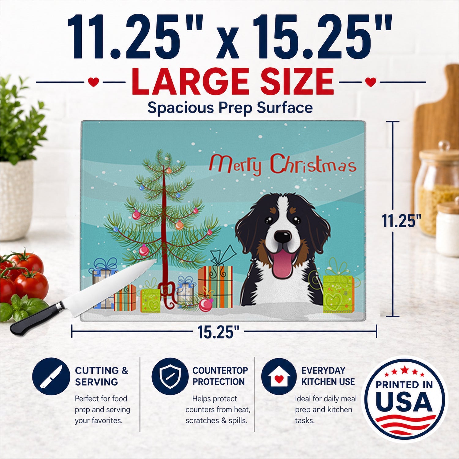 Christmas Tree and Bernese Mountain Dog Cutting Board Tempered Glass Kitchen Cutting Surface, Heat Resistant Chopping, Non-Slip Feet, Food Prep & Serving
