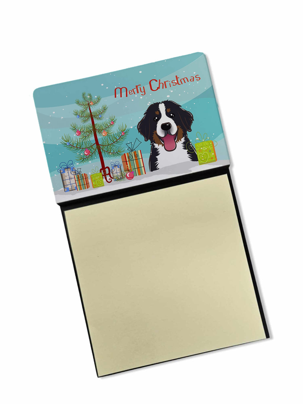 Christmas Tree and Bernese Mountain Dog Watercolor Sticky Note Holder Refillable Dispenser Desk Accessory 3x3 Pad Gift