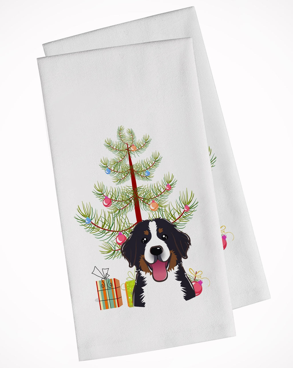 Christmas Tree and Bernese Mountain Dog Kitchen Towel Set of 2 White Dish Towels Decorative Bathroom Hand towel for Hand, Face, Hair, Yoga, Tea, Dishcloth, 19 X 28", White