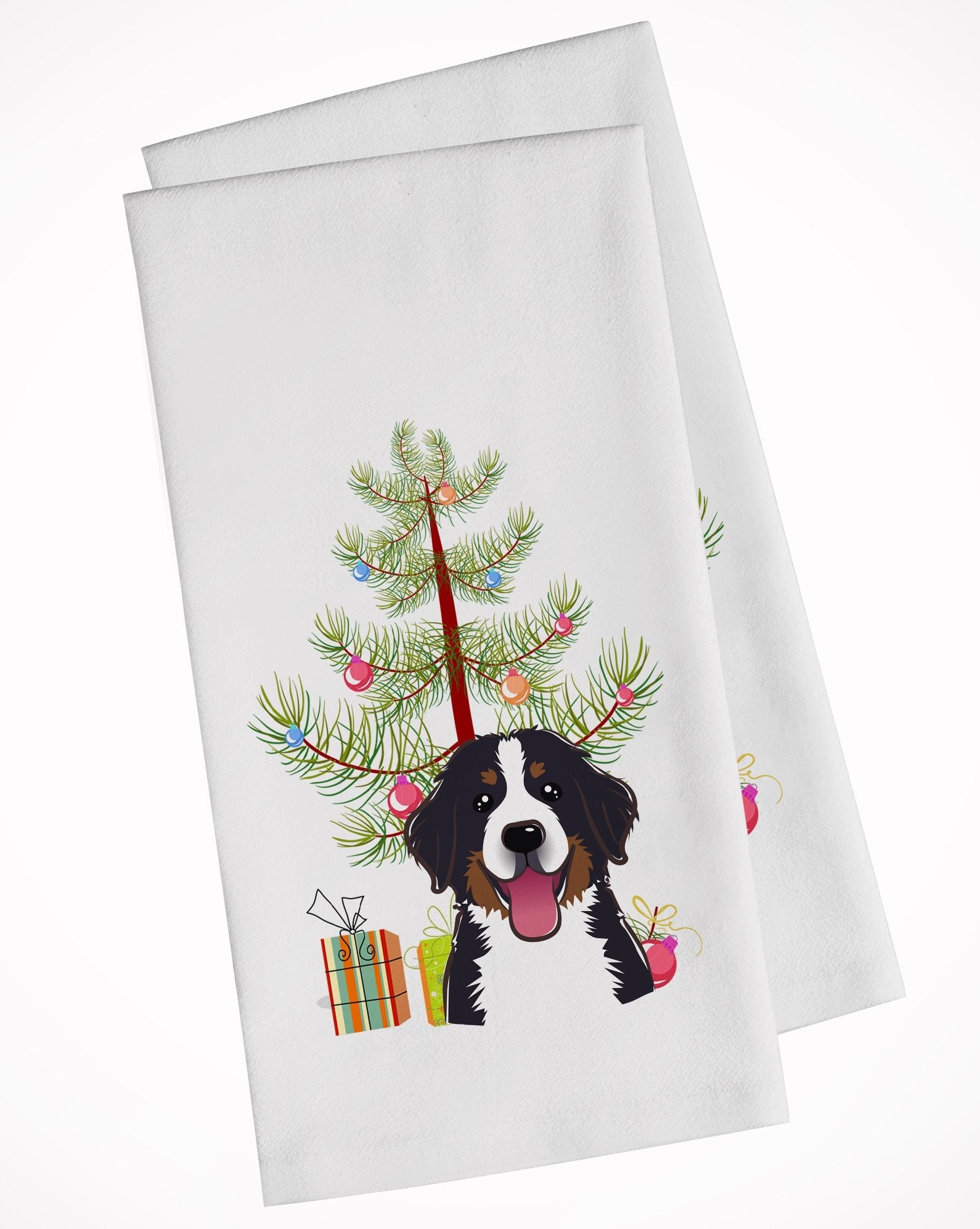 Christmas Tree and Bernese Mountain Dog Kitchen Towel Set of 2 White Dish Towels Decorative Bathroom Hand towel for Hand, Face, Hair, Yoga, Tea, Dishcloth, 19 X 28", White