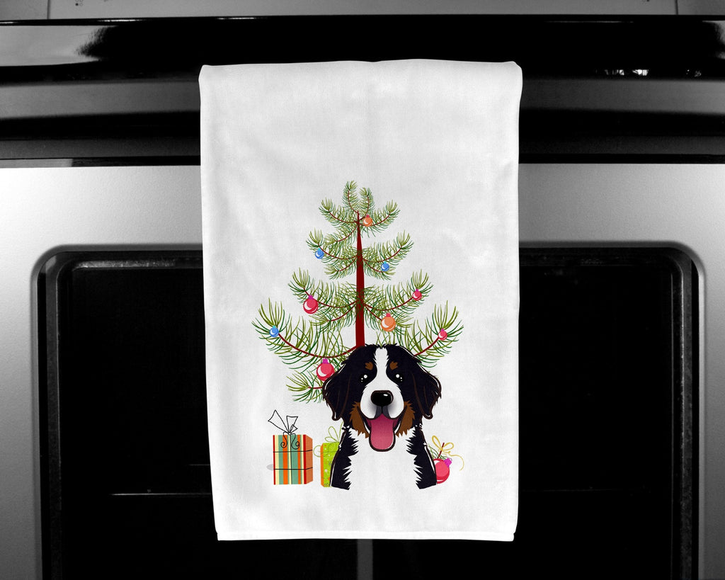 Christmas Tree and Bernese Mountain Dog Kitchen Towel Set of 2 White Dish Towels Decorative Bathroom Hand towel for Hand, Face, Hair, Yoga, Tea, Dishcloth, 19 X 28", White