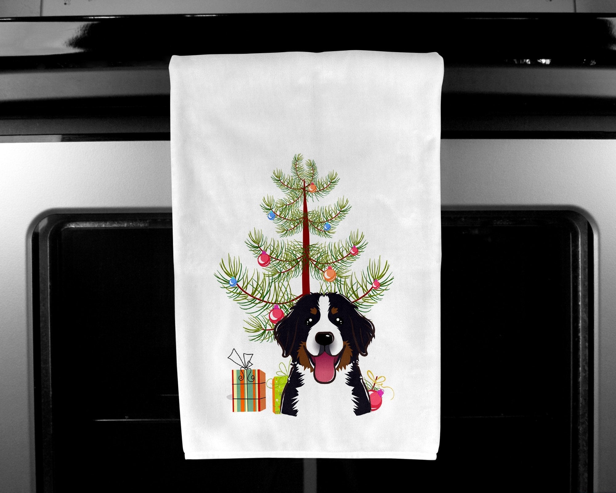 Christmas Tree and Bernese Mountain Dog Kitchen Towel Set of 2 White Dish Towels Decorative Bathroom Hand towel for Hand, Face, Hair, Yoga, Tea, Dishcloth, 19 X 28", White