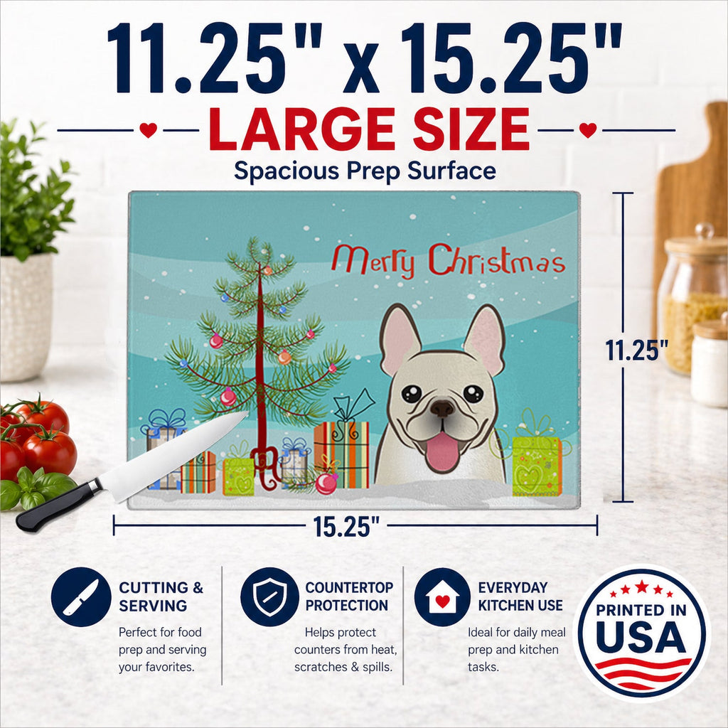 Christmas Tree and French Bulldog Cutting Board Tempered Glass Kitchen Cutting Surface, Heat Resistant Chopping, Non-Slip Feet, Food Prep & Serving
