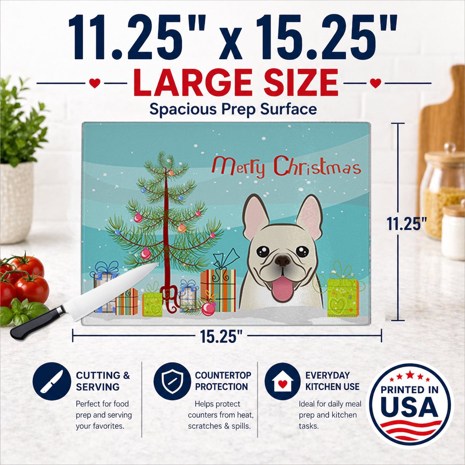 Christmas Tree and French Bulldog Cutting Board Tempered Glass Kitchen Cutting Surface, Heat Resistant Chopping, Non-Slip Feet, Food Prep & Serving
