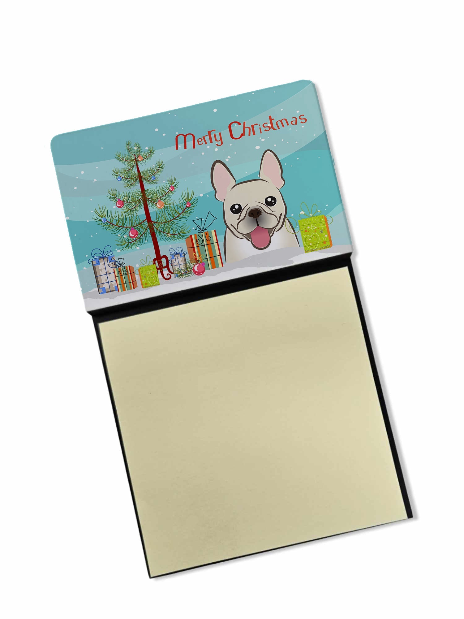 Christmas Tree and French Bulldog Watercolor Sticky Note Holder Refillable Dispenser Desk Accessory 3x3 Pad Gift