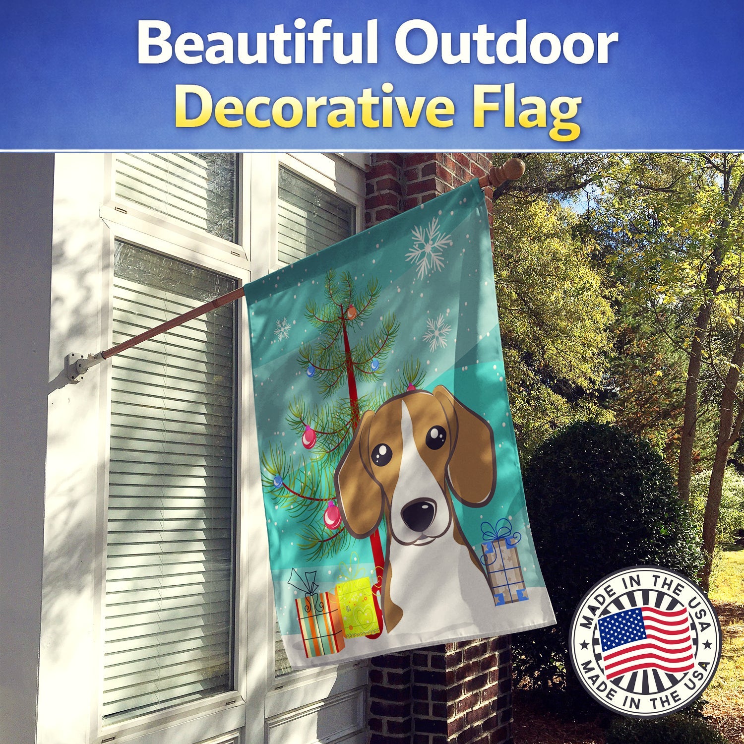 Christmas Tree and Beagle House Flag 28x40 Porch Sleeve Pole Decorative Outside Yard Banner Artwork Wall Hanging, Polyester