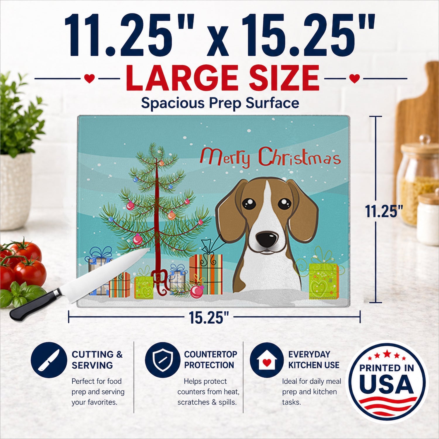 Christmas Tree and Beagle Cutting Board Tempered Glass Kitchen Cutting Surface, Heat Resistant Chopping, Non-Slip Feet, Food Prep & Serving