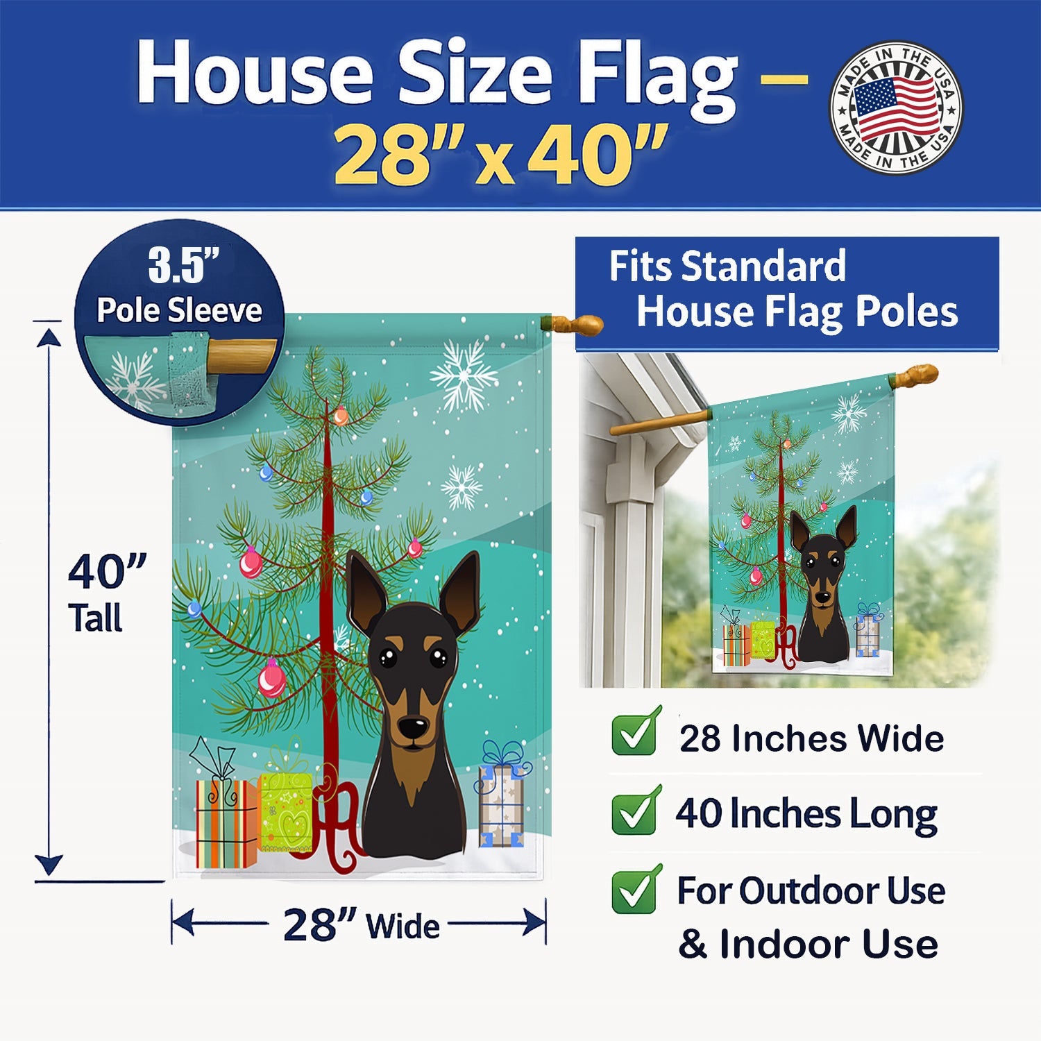 Christmas Tree and Min Pin House Flag 28x40 Porch Sleeve Pole Decorative Outside Yard Banner Artwork Wall Hanging, Polyester