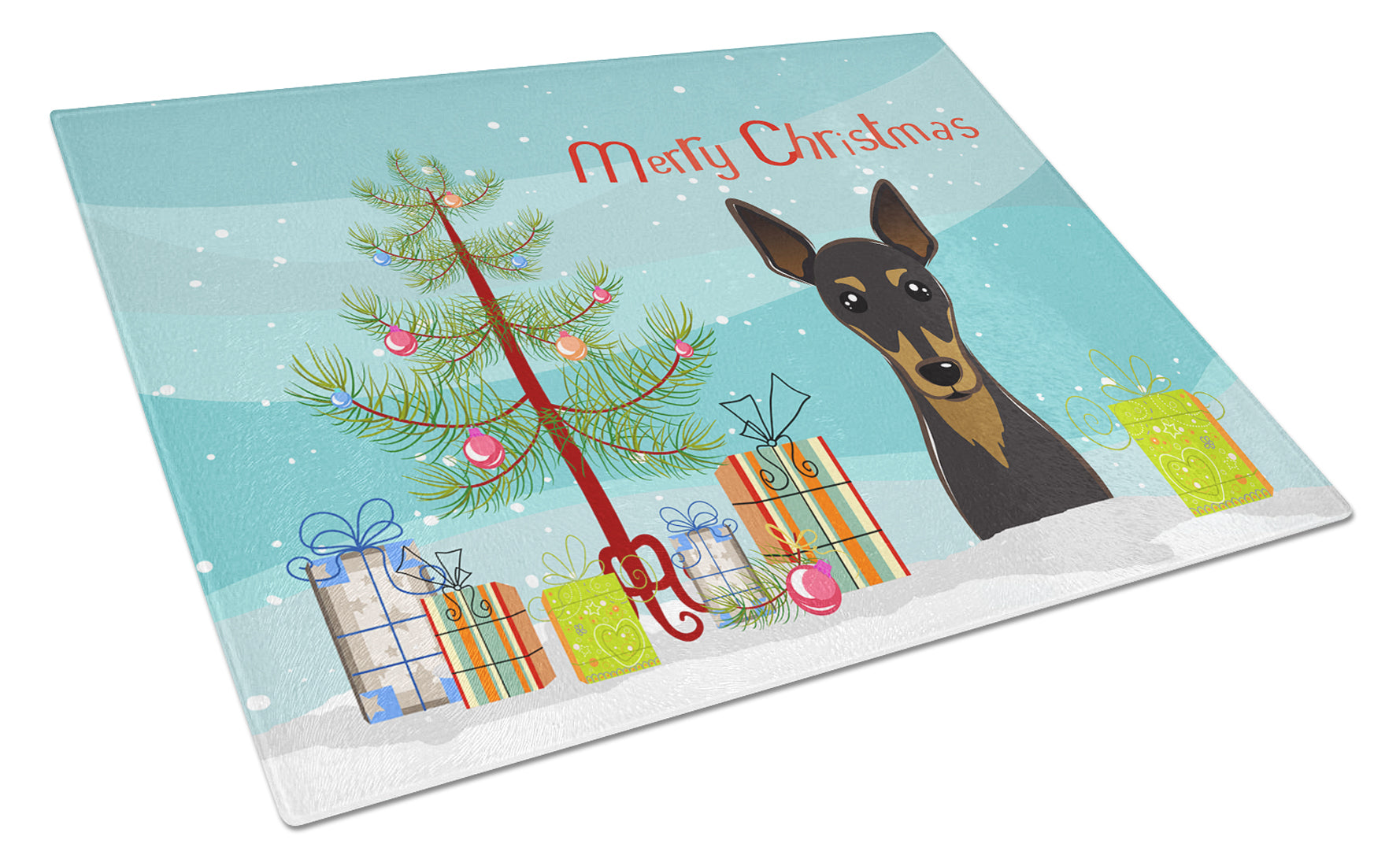 Christmas Tree and Min Pin Cutting Board Tempered Glass Kitchen Cutting Surface, Heat Resistant Chopping, Non-Slip Feet, Food Prep & Serving