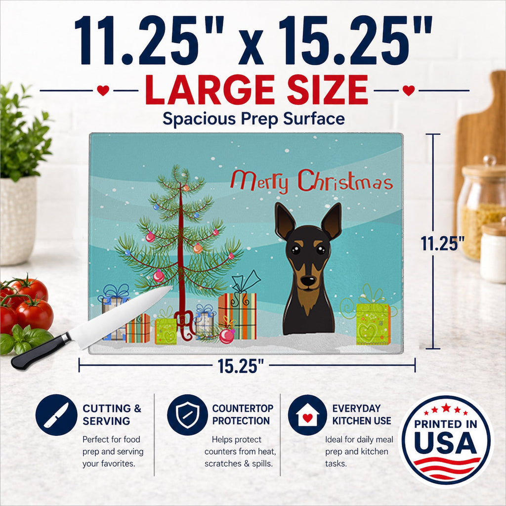 Christmas Tree and Min Pin Cutting Board Tempered Glass Kitchen Cutting Surface, Heat Resistant Chopping, Non-Slip Feet, Food Prep & Serving