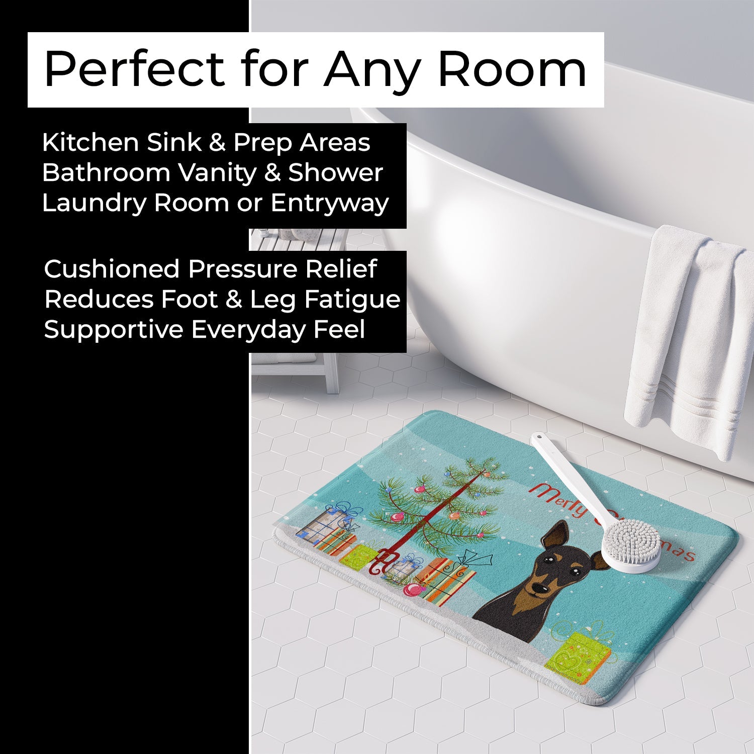 Christmas Tree and Min Pin Memory Foam Kitchen Mat Machine Washable Anti-Fatigue Cushion Comfort Bath or Kitchen Rug