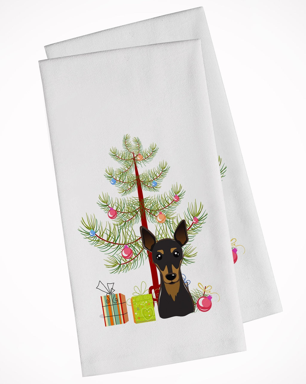 Christmas Tree and Min Pin Kitchen Towel Set of 2 White Dish Towels Decorative Bathroom Hand towel for Hand, Face, Hair, Yoga, Tea, Dishcloth, 19 X 28", White