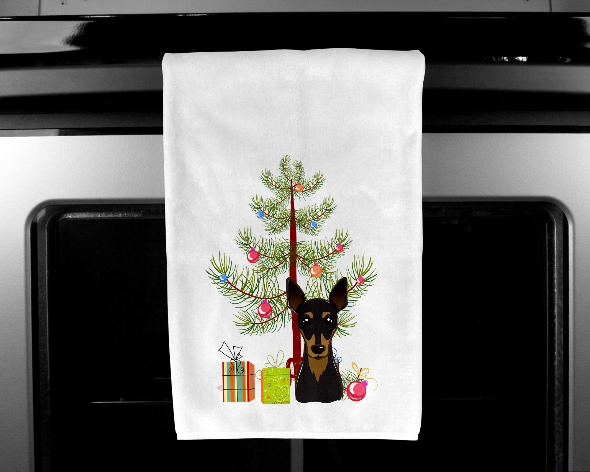 Christmas Tree and Min Pin Kitchen Towel Set of 2 White Dish Towels Decorative Bathroom Hand towel for Hand, Face, Hair, Yoga, Tea, Dishcloth, 19 X 28", White