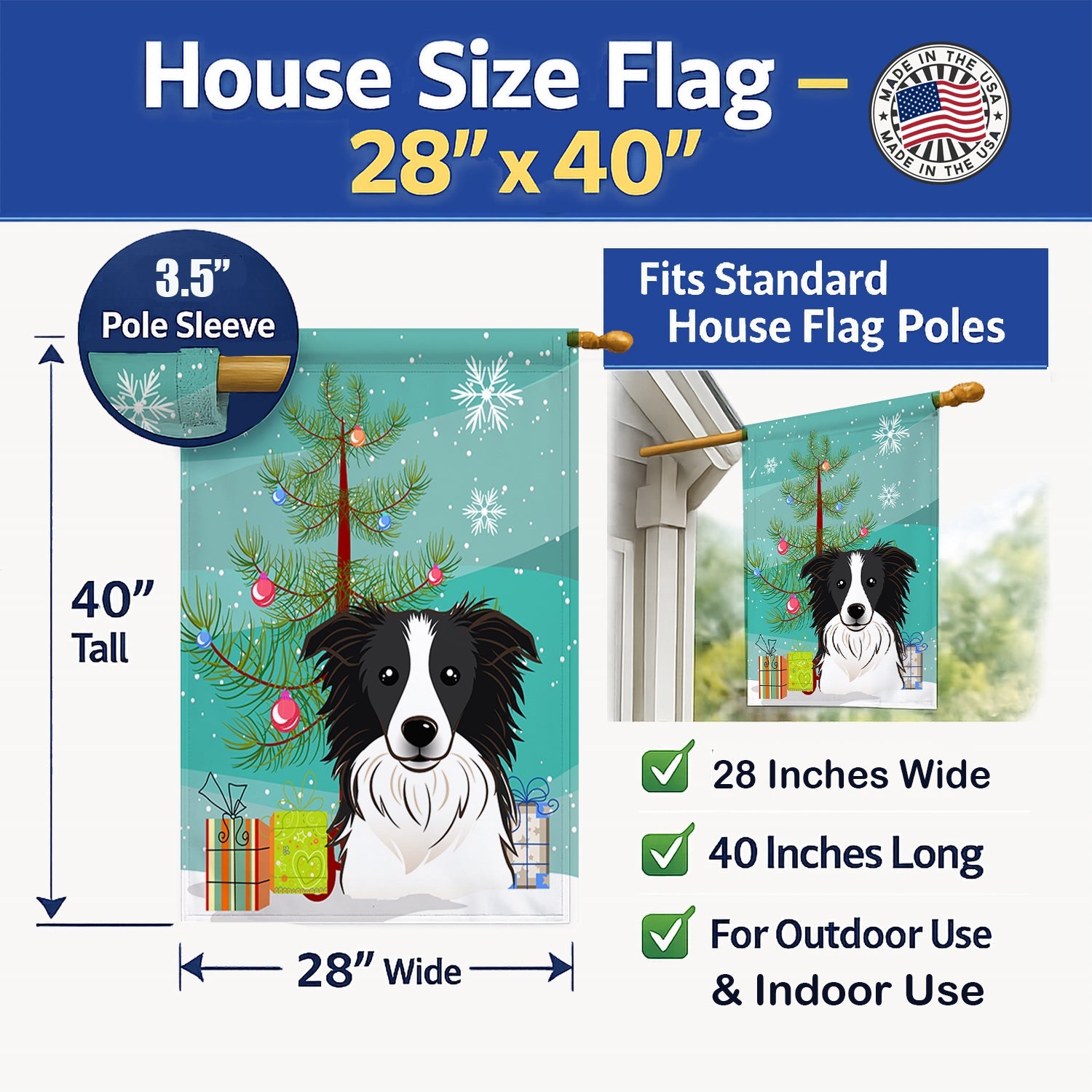 Christmas Tree and Border Collie House Flag 28x40 Porch Sleeve Pole Decorative Outside Yard Banner Artwork Wall Hanging, Polyester