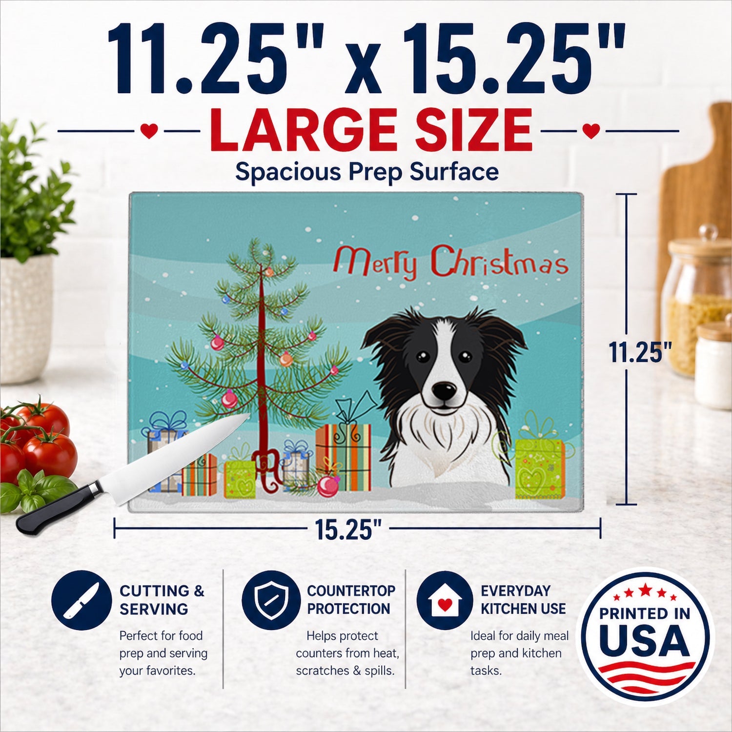 Christmas Tree and Border Collie Cutting Board Tempered Glass Kitchen Cutting Surface, Heat Resistant Chopping, Non-Slip Feet, Food Prep & Serving
