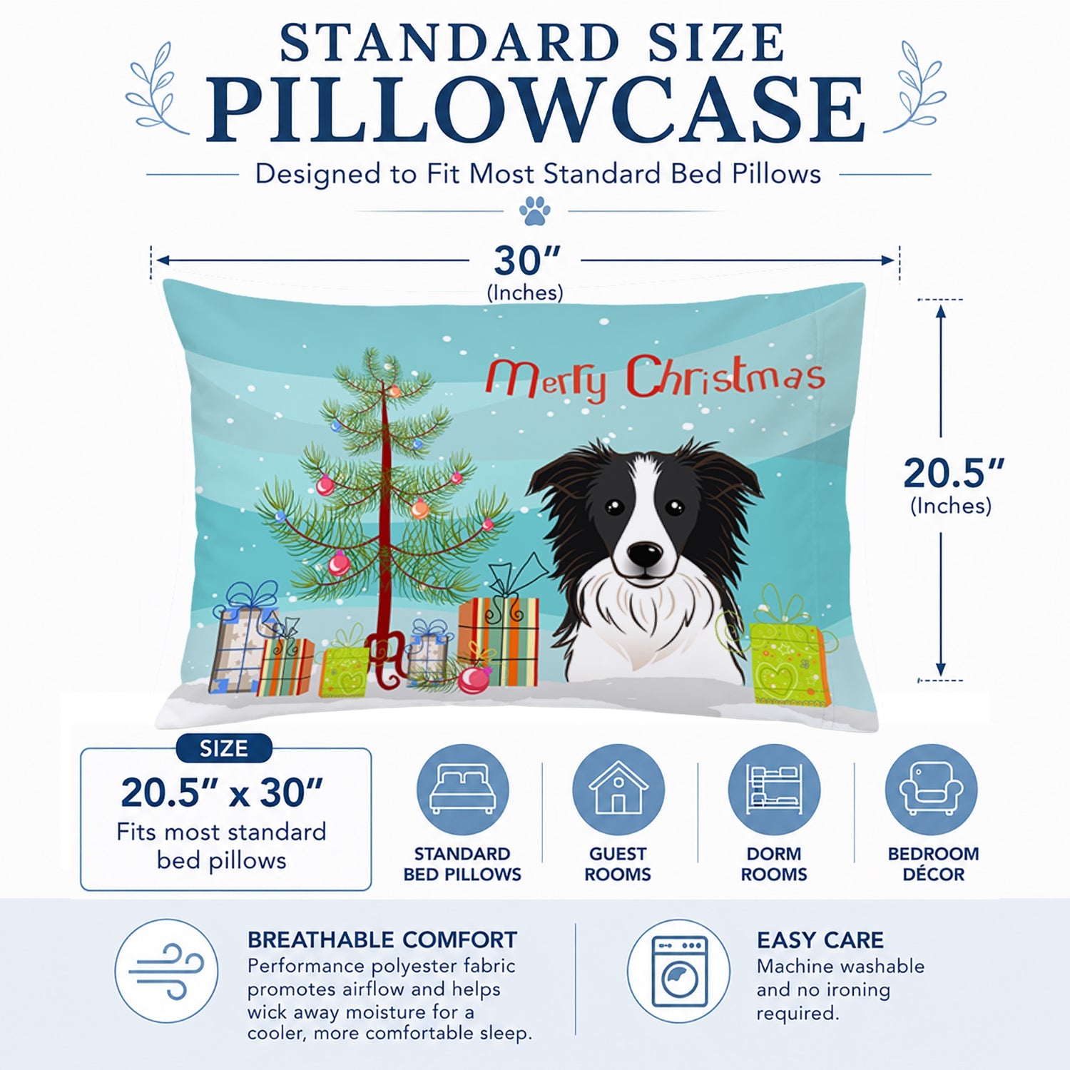 Christmas Tree and Border Collie Standard Pillowcase Lightweight Super Soft Easy Care Decorative Artwork Pillowcase, Standard