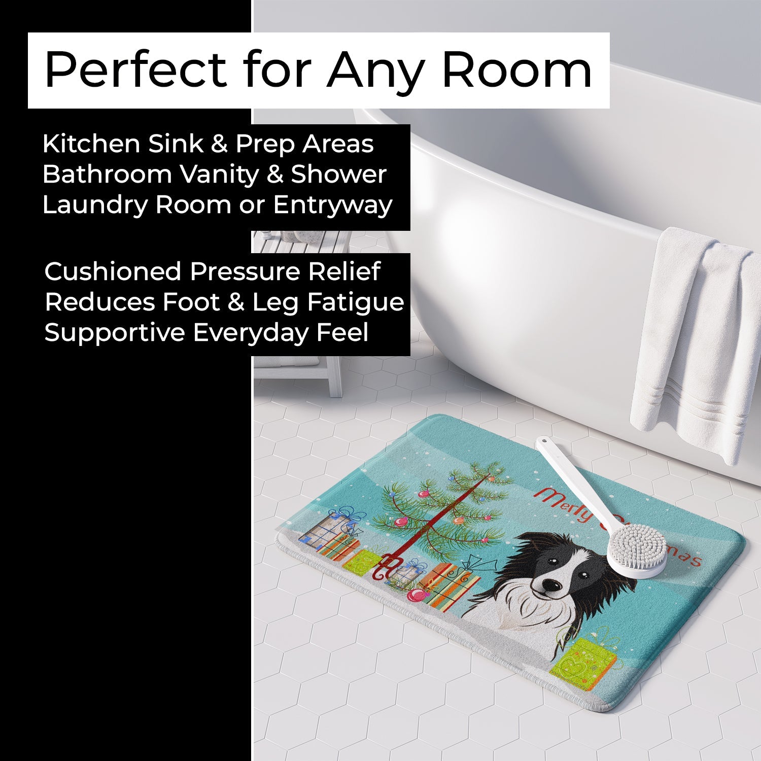 Christmas Tree and Border Collie Memory Foam Kitchen Mat Machine Washable Anti-Fatigue Cushion Comfort Bath or Kitchen Rug