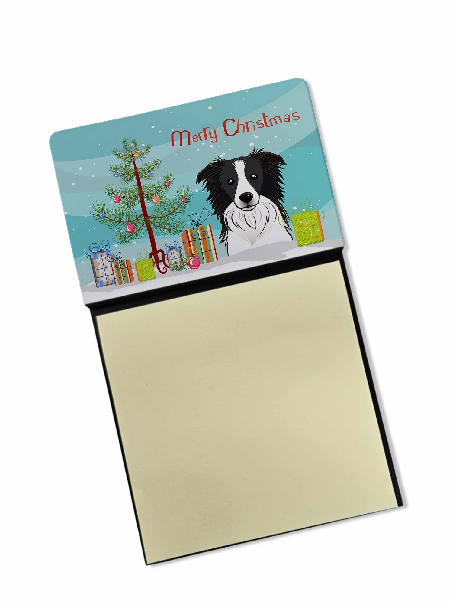 Christmas Tree and Border Collie Watercolor Sticky Note Holder Refillable Dispenser Desk Accessory 3x3 Pad Gift