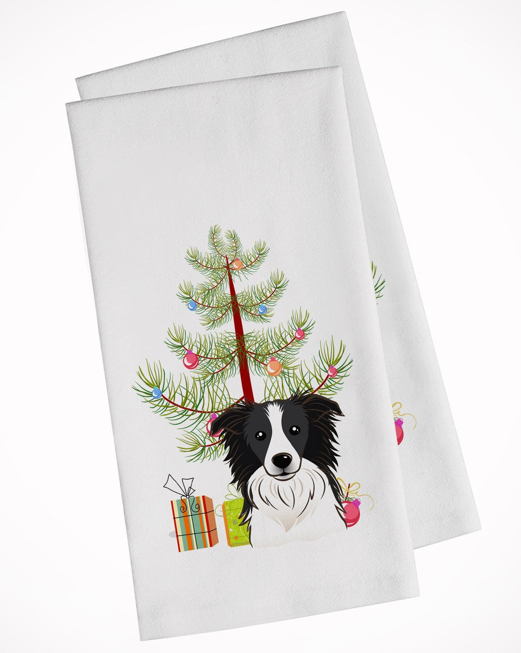 Christmas Tree and Border Collie Kitchen Towel Set of 2 White Dish Towels Decorative Bathroom Hand towel for Hand, Face, Hair, Yoga, Tea, Dishcloth, 19 X 28", White