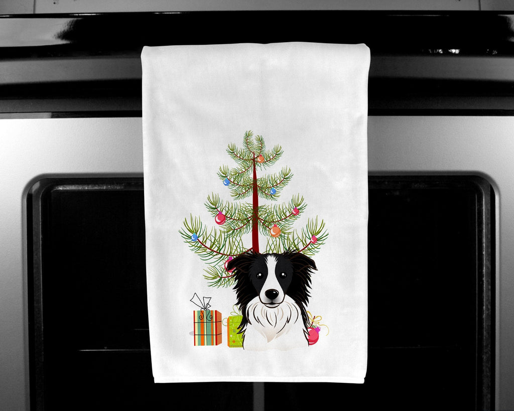 Christmas Tree and Border Collie Kitchen Towel Set of 2 White Dish Towels Decorative Bathroom Hand towel for Hand, Face, Hair, Yoga, Tea, Dishcloth, 19 X 28", White