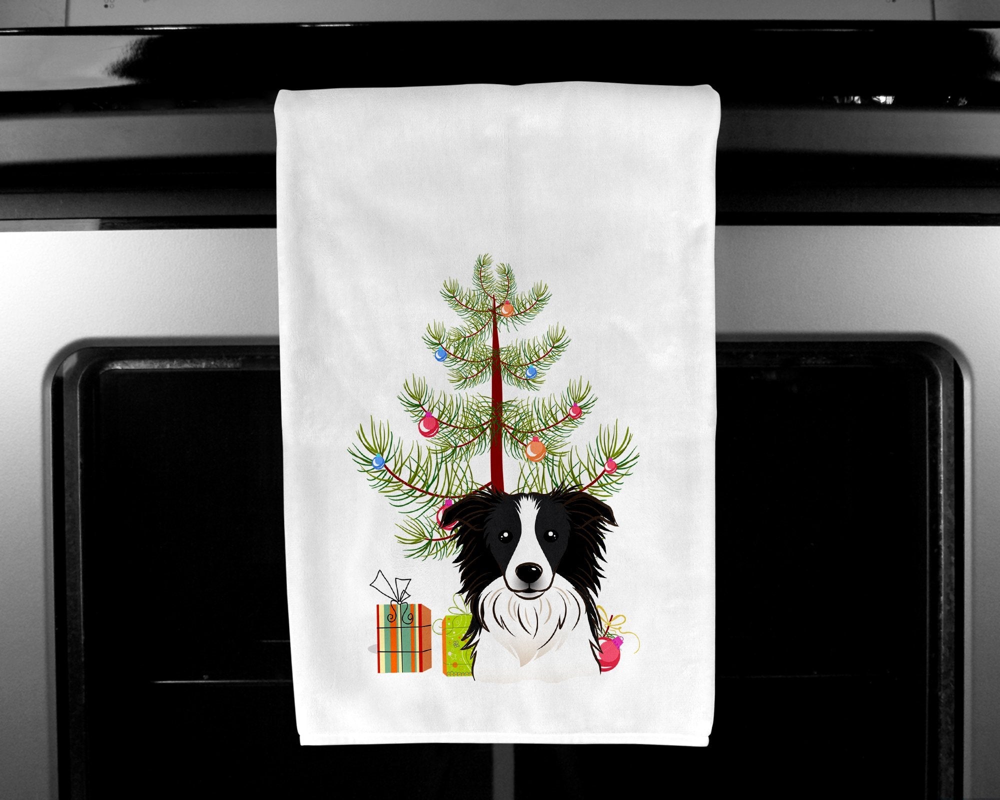 Christmas Tree and Border Collie Kitchen Towel Set of 2 White Dish Towels Decorative Bathroom Hand towel for Hand, Face, Hair, Yoga, Tea, Dishcloth, 19 X 28", White