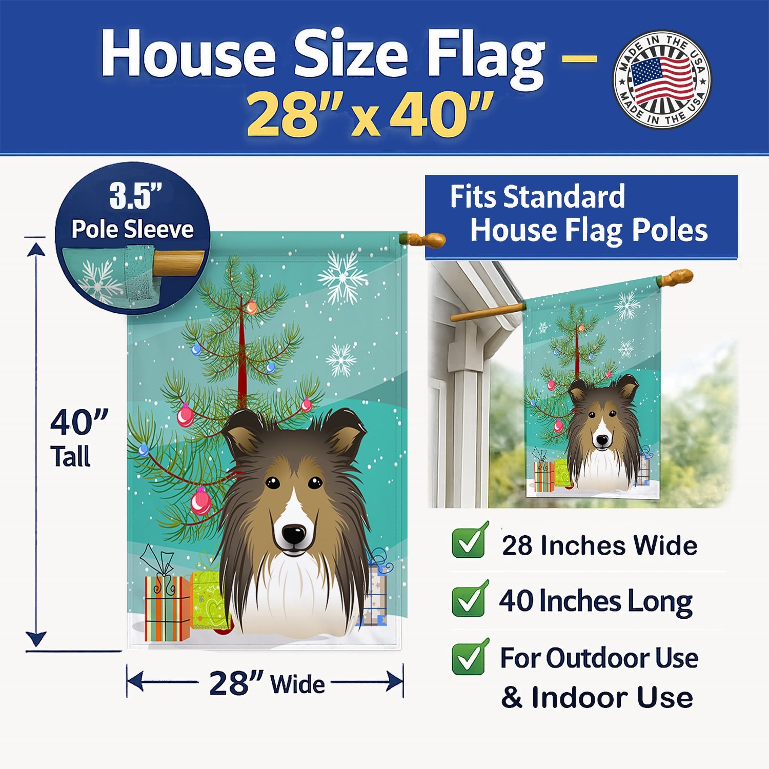 Christmas Tree and Sheltie House Flag 28x40 Porch Sleeve Pole Decorative Outside Yard Banner Artwork Wall Hanging, Polyester