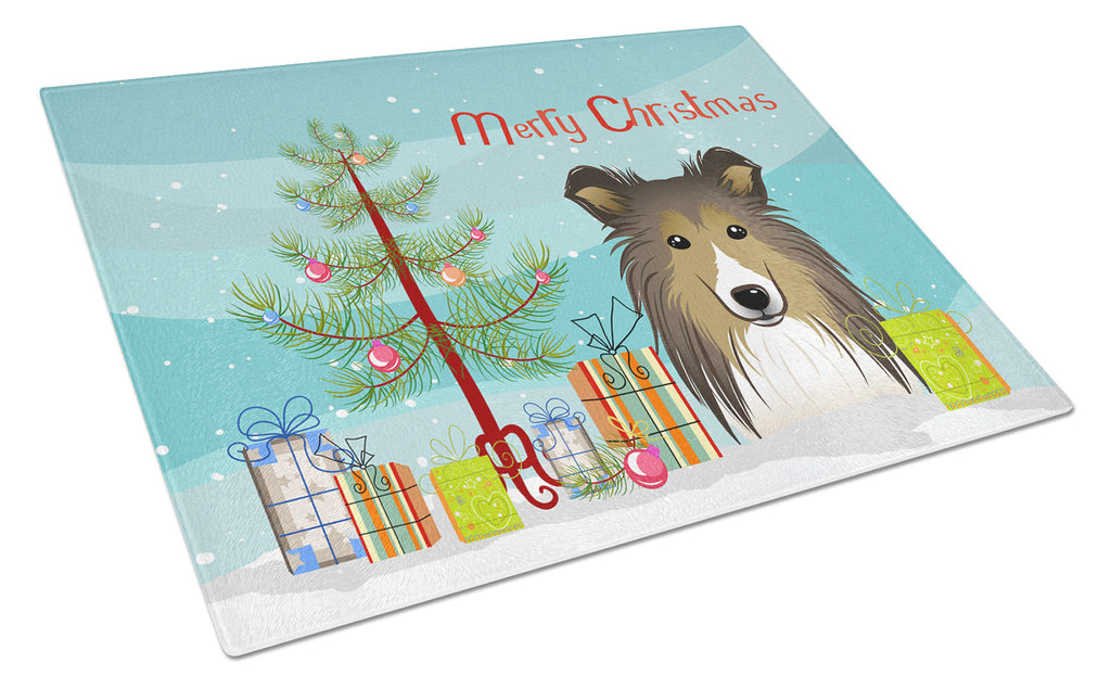 Christmas Tree and Sheltie Cutting Board Tempered Glass Kitchen Cutting Surface, Heat Resistant Chopping, Non-Slip Feet, Food Prep & Serving