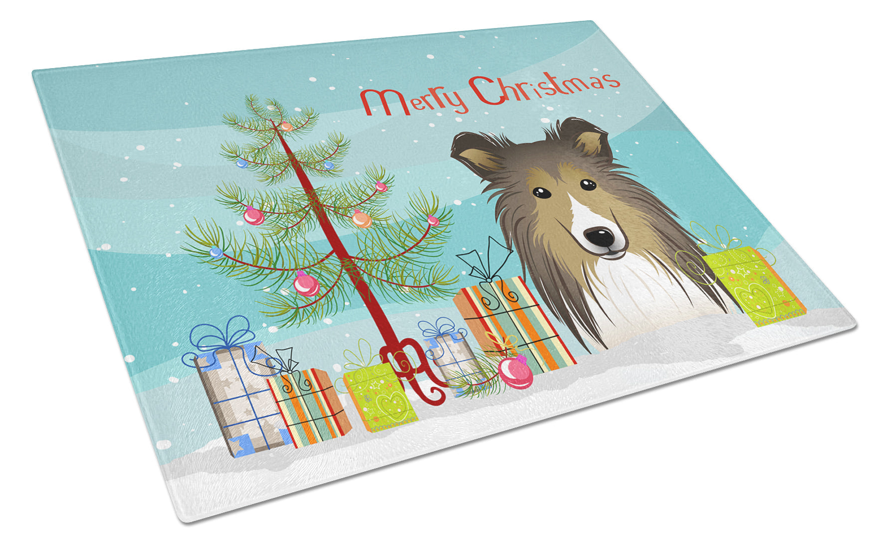 Christmas Tree and Sheltie Cutting Board Tempered Glass Kitchen Cutting Surface, Heat Resistant Chopping, Non-Slip Feet, Food Prep & Serving
