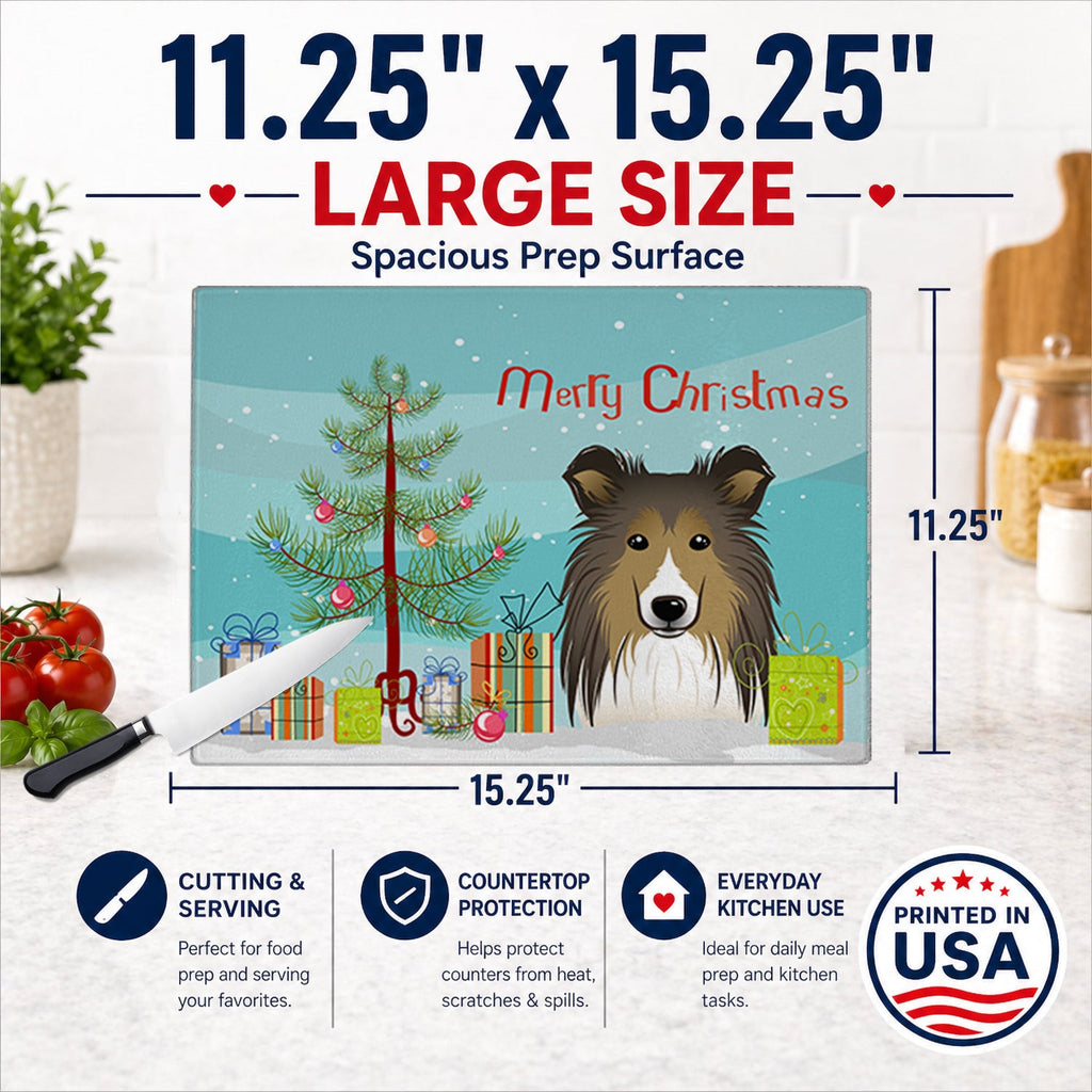 Christmas Tree and Sheltie Cutting Board Tempered Glass Kitchen Cutting Surface, Heat Resistant Chopping, Non-Slip Feet, Food Prep & Serving