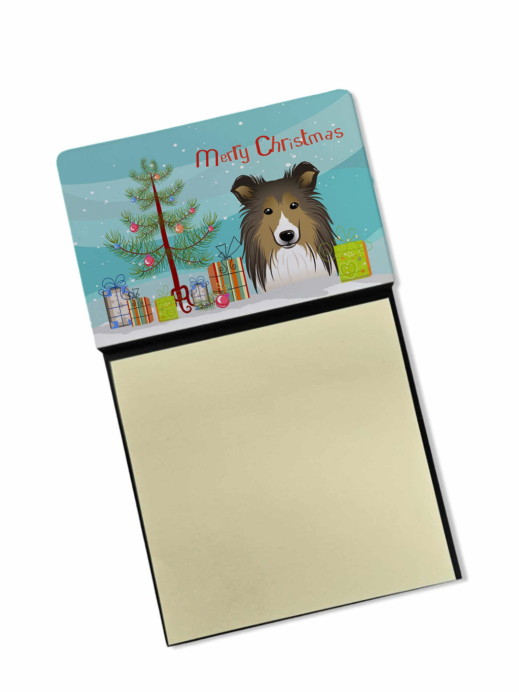 Christmas Tree and Sheltie Watercolor Sticky Note Holder Refillable Dispenser Desk Accessory 3x3 Pad Gift