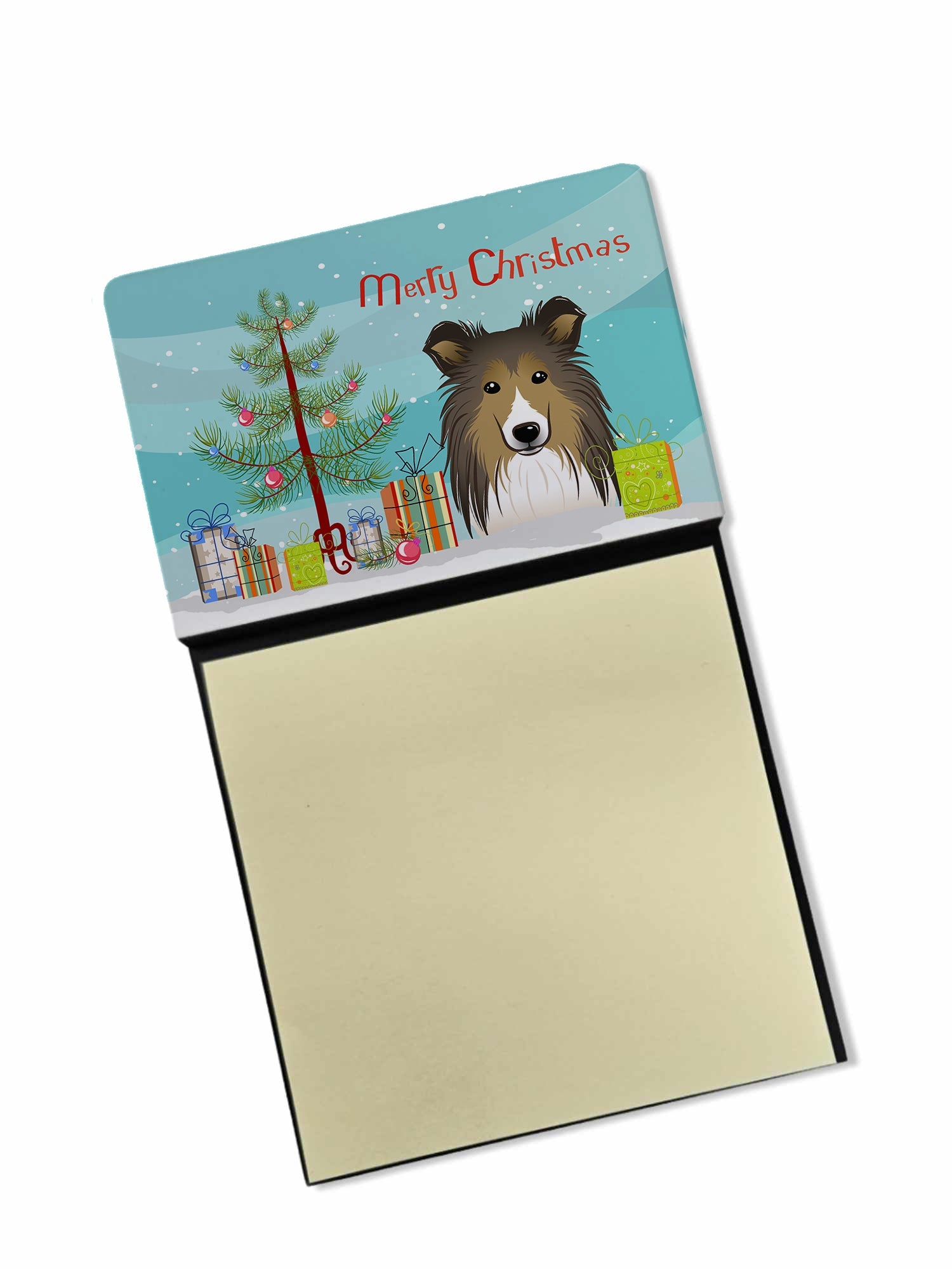 Christmas Tree and Sheltie Watercolor Sticky Note Holder Refillable Dispenser Desk Accessory 3x3 Pad Gift