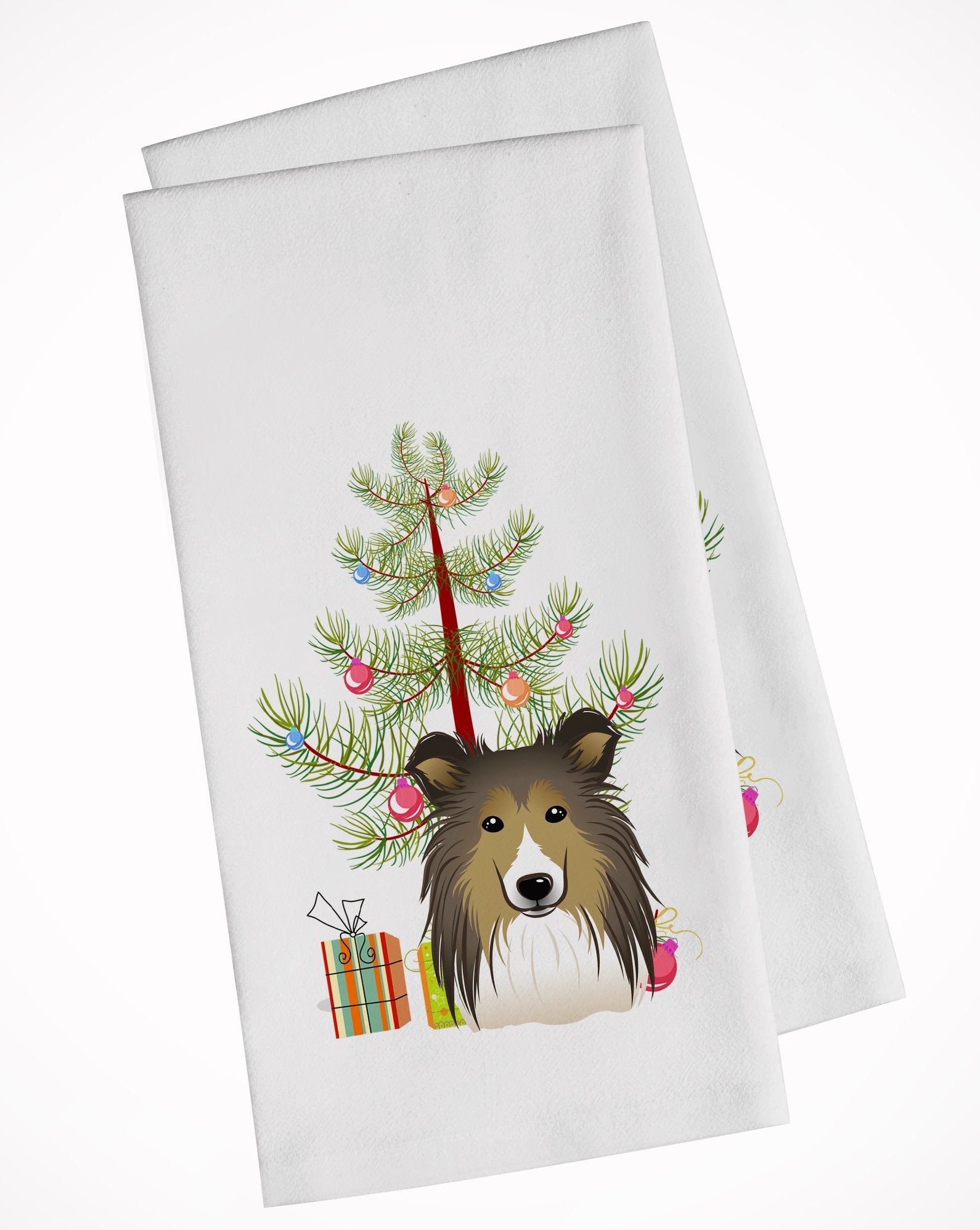 Christmas Tree and Sheltie Kitchen Towel Set of 2 White Dish Towels Decorative Bathroom Hand towel for Hand, Face, Hair, Yoga, Tea, Dishcloth, 19 X 28", White