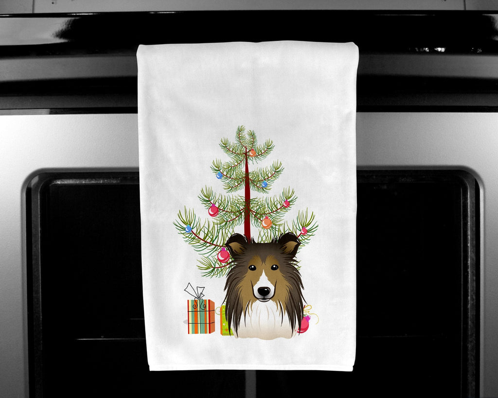 Christmas Tree and Sheltie Kitchen Towel Set of 2 White Dish Towels Decorative Bathroom Hand towel for Hand, Face, Hair, Yoga, Tea, Dishcloth, 19 X 28", White
