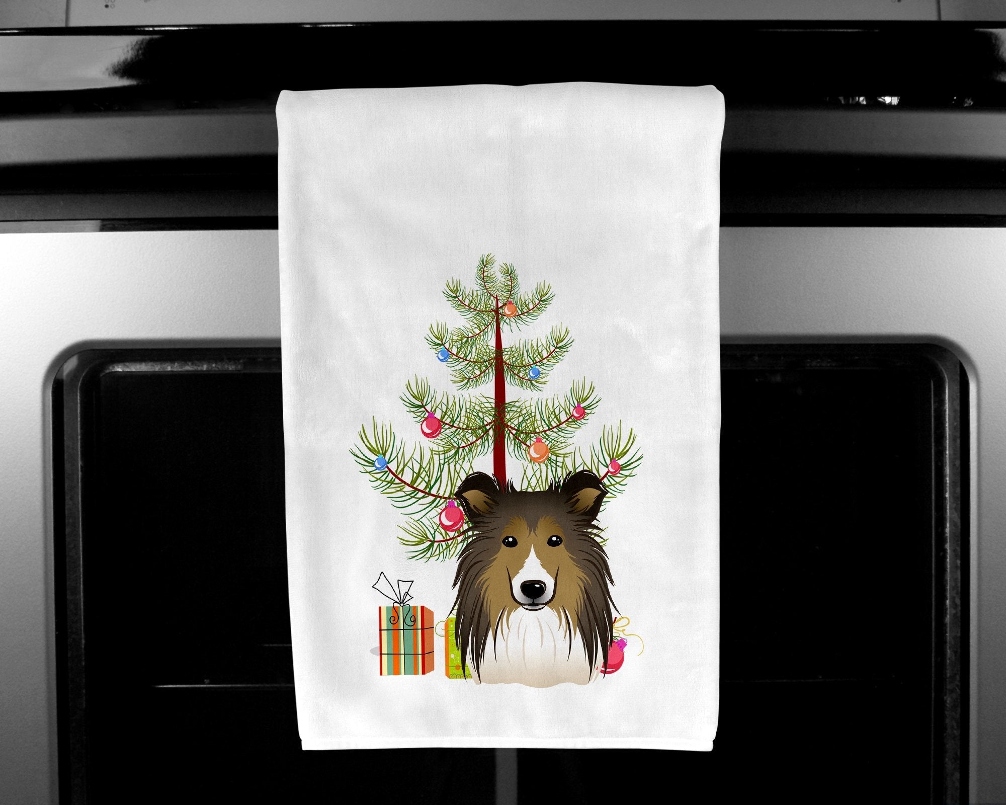 Christmas Tree and Sheltie Kitchen Towel Set of 2 White Dish Towels Decorative Bathroom Hand towel for Hand, Face, Hair, Yoga, Tea, Dishcloth, 19 X 28", White