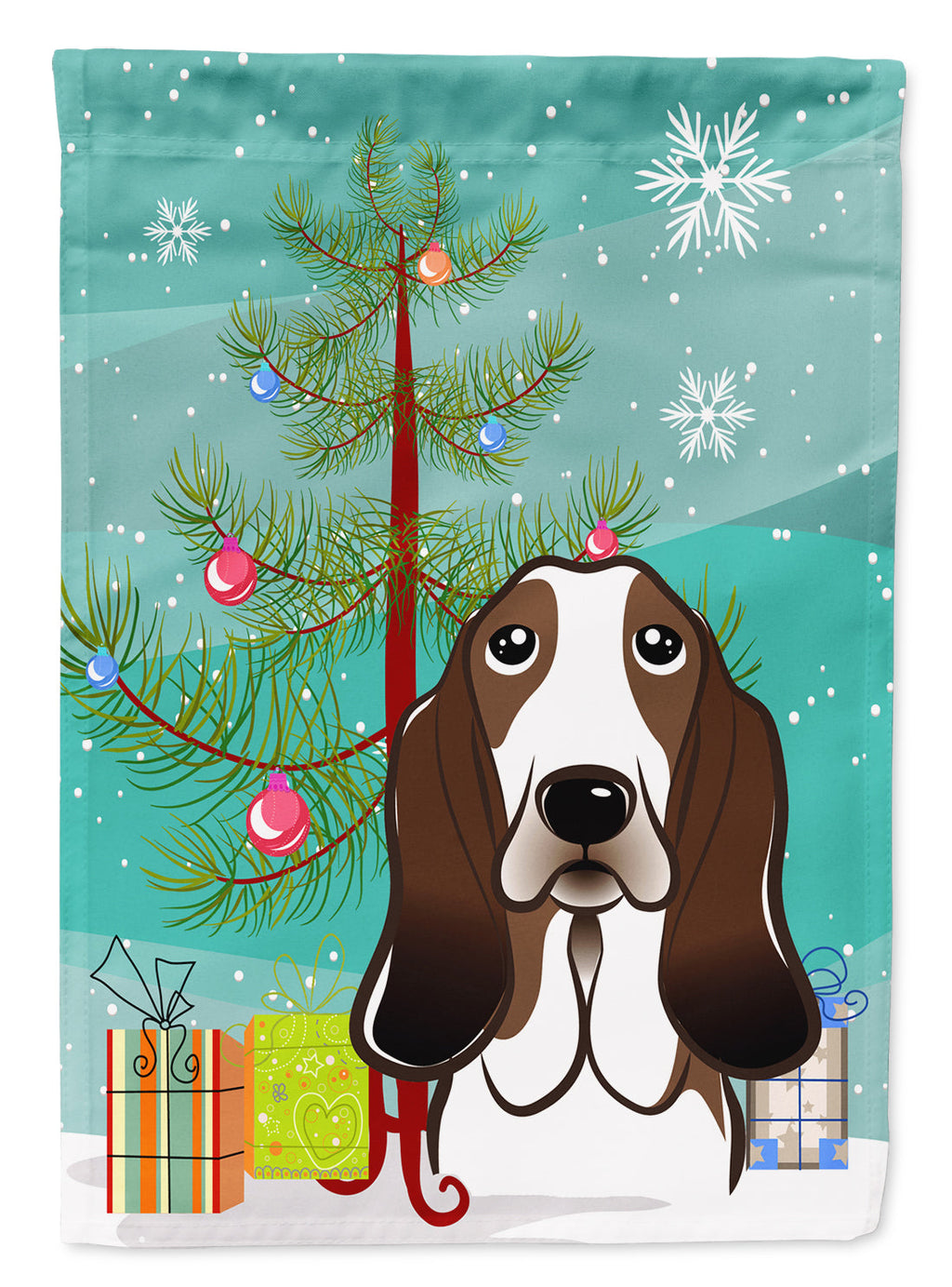 Christmas Tree and Basset Hound House Flag 28x40 Porch Sleeve Pole Decorative Outside Yard Banner Artwork Wall Hanging, Polyester
