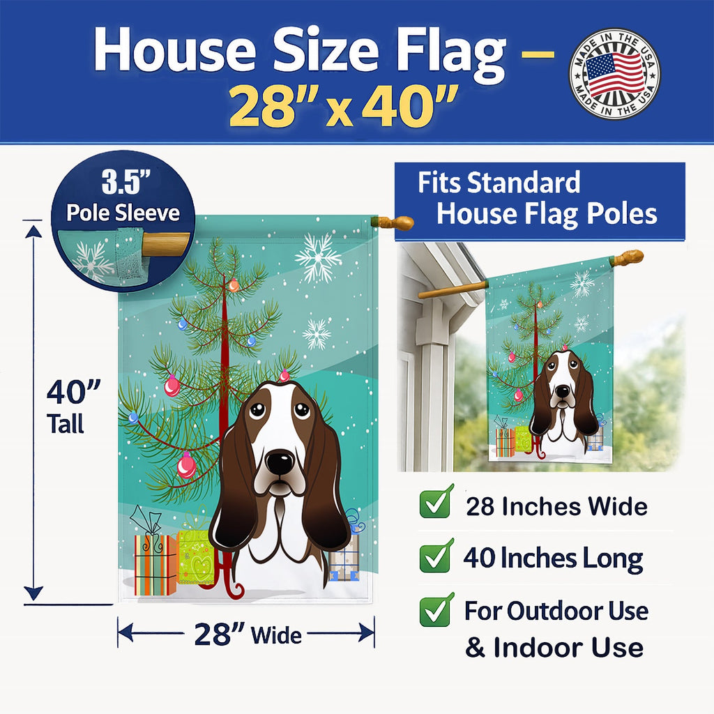 Christmas Tree and Basset Hound House Flag 28x40 Porch Sleeve Pole Decorative Outside Yard Banner Artwork Wall Hanging, Polyester