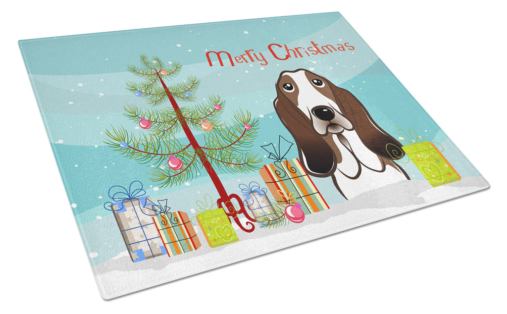 Christmas Tree and Basset Hound Cutting Board Tempered Glass Kitchen Cutting Surface, Heat Resistant Chopping, Non-Slip Feet, Food Prep & Serving