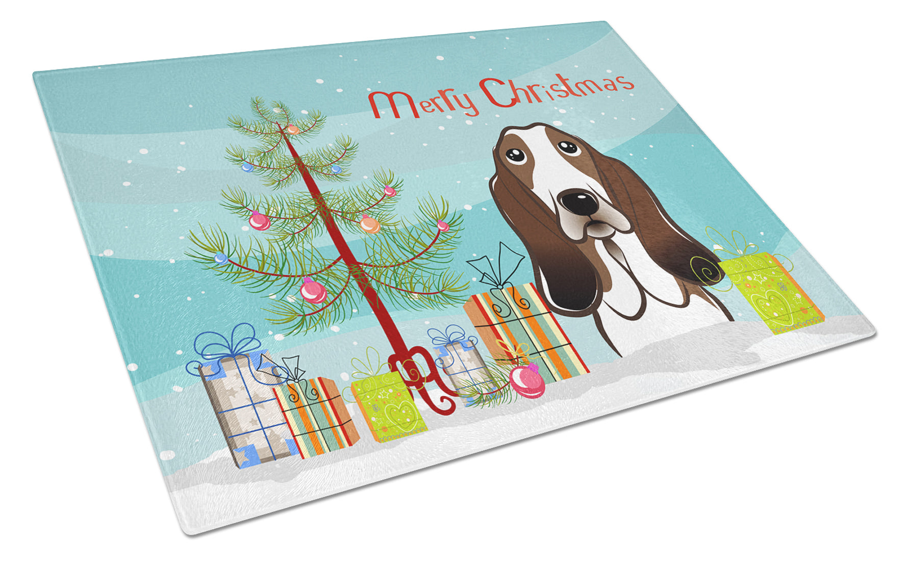 Christmas Tree and Basset Hound Cutting Board Tempered Glass Kitchen Cutting Surface, Heat Resistant Chopping, Non-Slip Feet, Food Prep & Serving
