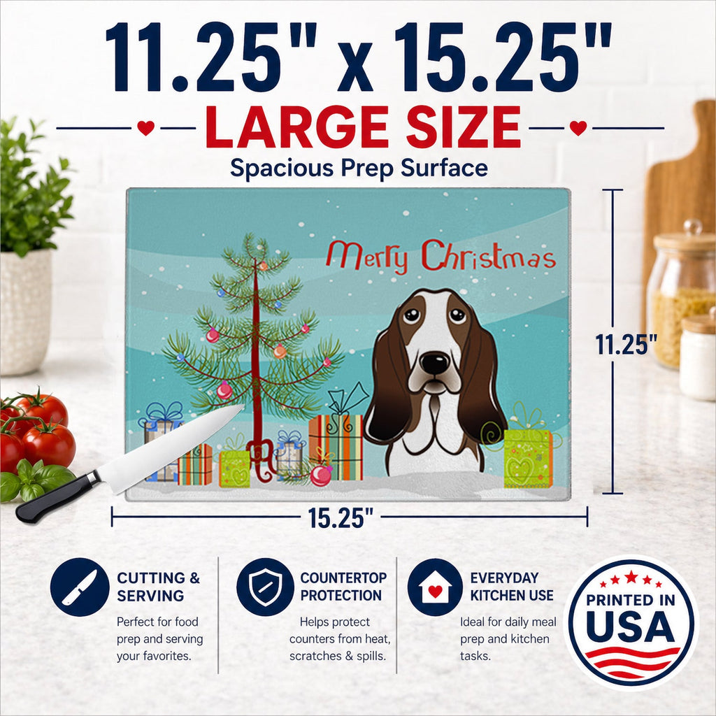 Christmas Tree and Basset Hound Cutting Board Tempered Glass Kitchen Cutting Surface, Heat Resistant Chopping, Non-Slip Feet, Food Prep & Serving