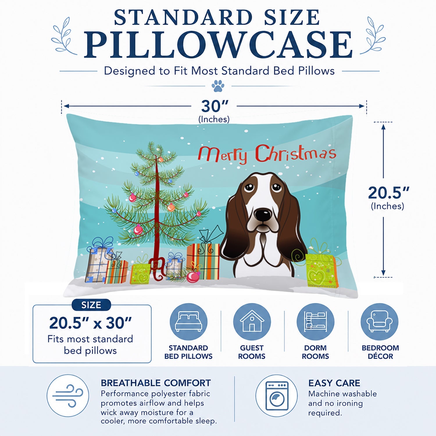 Christmas Tree and Basset Hound Standard Pillowcase Lightweight Super Soft Easy Care Decorative Artwork Pillowcase, Standard