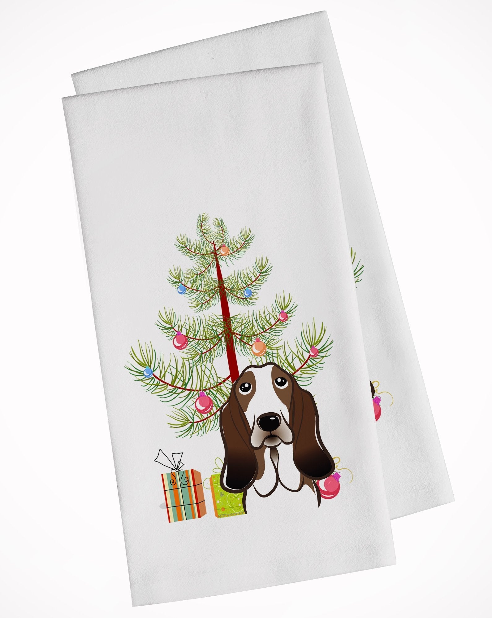 Christmas Tree and Basset Hound Kitchen Towel Set of 2 White Dish Towels Decorative Bathroom Hand towel for Hand, Face, Hair, Yoga, Tea, Dishcloth, 19 X 28", White