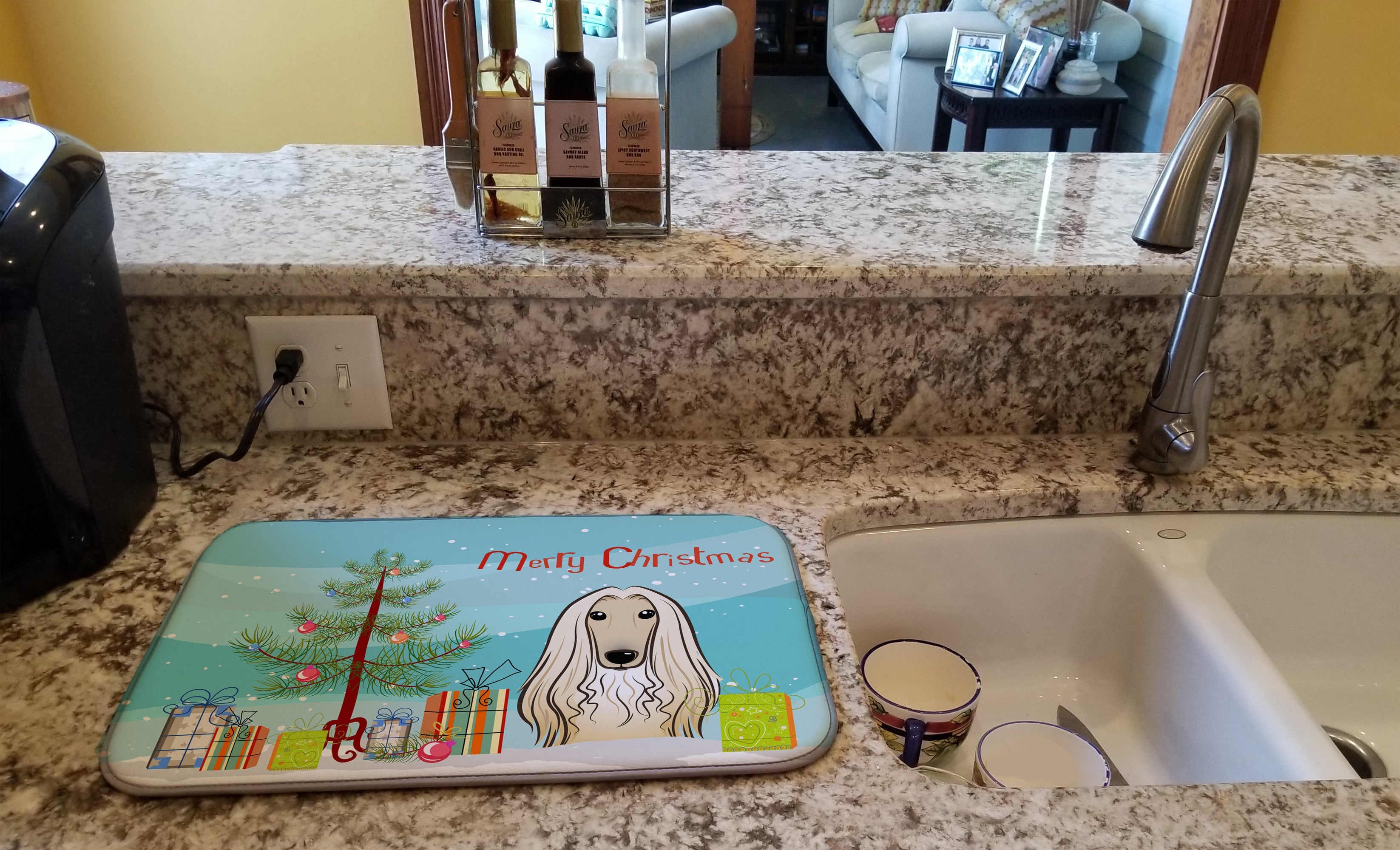 Christmas Tree and Afghan Hound Dish Drying Mat Absorbent Dish Drying Mat Pad for Kitchen Counter Dish Drainer Mat for Countertop, 14 x 21", Multicolor